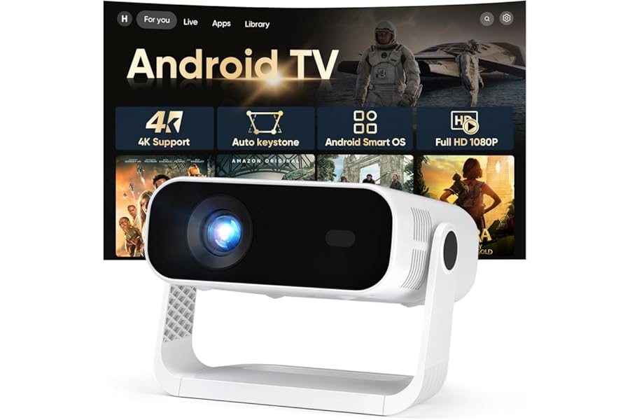 2026 New Smart Projector Built-in Apps, Android 14, Native 1080P 4K Supported WiFi 6 Bluetooth 5.2, 30000 Lumens, Low Fan Noise (<30dB), Home Cinema Projector for iOS/Switch /PS5
