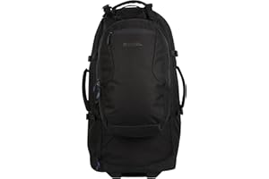 Mountain Warehouse Voyager Wheelie 50 + 20 Litre Rucksack - Padded Airmesh Back Daypack with Lockable Zips & Adjustable Straps - All Season Camping, Outdoors & Trekking Jet Black One Size