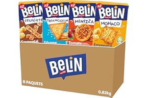 BELIN - La Boîte Apéritif 8 Paquets de Crackers Belin - 2 Feuilleté Emmental, 2 Triangolini Sésame, 2 Minizza Tomate, 2 Monaco Emmental - Lot de 0,82kg
