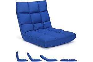 COSTWAY Folding Sofa Chair, 14-Positions Adjustable Lazy Floor Sofa Bed, Linen Fabric Single Padded Lounge Sleeper Recliner Floor Chair Seat for Meditation, Gaming and Reading (Blue)