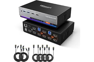 TESmart KVM Switch HDMI 2 PC 3 Monitores: Docking Station USB 3.0 (5Gbps), 4K@60Hz, EDID, Audio, LAN(1000Mbps). Compatible Windows/Mac para Sobremesa y Portátil.