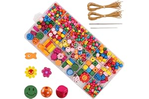 JTgugu 500 Pieces Craft Colourful Wooden Beads for Threading DIY Beads Jewellery Set Children Wooden Beads with Hole for Threading Craft Beads for Bracelets Cord Set Necklaces Gift for Girls