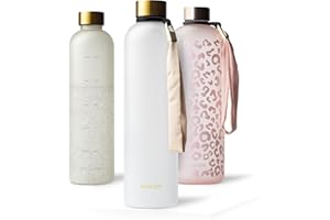 MAMEIDO Botella agua 1 litro, Botella motivacional sin BPA, antigoteo, Botella tritan para Colegio, Gym, Oficina (Frosted White Gold)