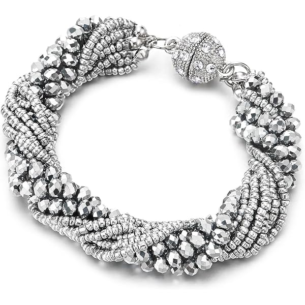 COOLSTEELANDBEYOND Collana Girocollo Multi Strati Turchese E Oro - Pendente Statement Con Perline E Cristallo, Chiusura Magnetica, 45 Cm - 5