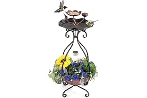 GYMAX Mangeoire Solaire pour Oiseaux d'Extérieur, Bain pour Oiseaux avec Lumière Solaire LED, Jardinière Inférieure à Fleurs, Cadre Métallique, Décoratif Vintage pour Jardin, Pelouse, Patio (Cuivre)