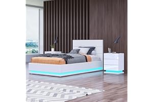 BESTWANTED Gas Lift Ottoman Storage Bed,3FT Single Bed Frame with Storage, Ottoman Bed with LED Lights, Faux Leather, Black (White, Single)