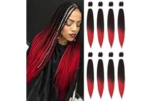 ORIGINEA 8 Packs/Lot EZ Braid 26 inch Professional Pre Stretched Braiding Hair Yaki Texture Braiding Hair for Crochet Hair Braids Long Free Synthetic Fiber Hair Extensions (#1B/Red)