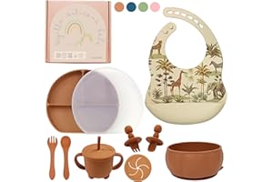 LAUTOKI ® | Vajilla Bebe de 11 Piezas | Vajilla Bebe Silicona sin BPA | Incluye: vaso aprendizaje, precucharas blw, babero silicona, plato ventosa, cuenco y tapa | Con caja regalo | Regalos para bebes