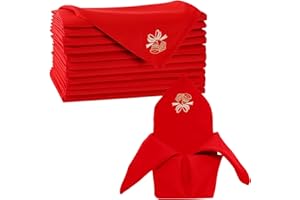 Trimming Shop Red Christmas Table Napkin Set with Festive Jingle Bell Embroidery - Spun Polyester, 20x20 Inch Stain-Resistant Reusable Table Napkin Serviette for Holiday Décor & Parties (6pcs)