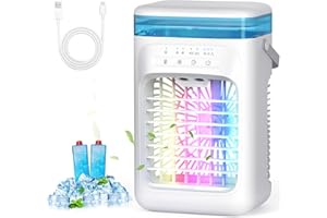 AIMIUVEI Mini Aire Acondicionado Portatil, 5 en 1 Enfriador de Aire, 1000m Tanque ventilador, 3 Velocidades, 2 Nebulización, 2-4H Cronometrado, 7 LED Ventilador Refrigerador para Dormitorio Oficina