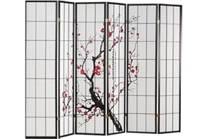 ‎HOMESTYLE4U Homestyle4u Paravent Raumteiler Shoji 6 teilig Holz Schwarz Reispapier Weiß Kirschblüten