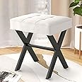COSTASKF Ottoman Foot Stool, Upholstered Cushion Vanity Stool with Black Metal X-Leg,Small Make up Stool for Vanity,18 Inch Leather Foot Stool, Square Makeup Stool for Bedroom, Living Room, White