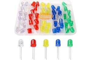 Lyeteung 50 PCS 10mm LED Diode, 2-Pin Light Emitting Diode, Round Head LED Diodes, White/Green/Red/Blue/Yellow