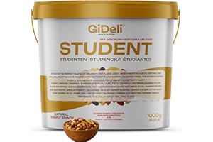 GiDeli Mangime studentesco Premium da 1 kg in secchio con arachidi, anacardi, nocciole, mandorle, noci, uvetta, mirtilli rossi e banane chips senza additivi