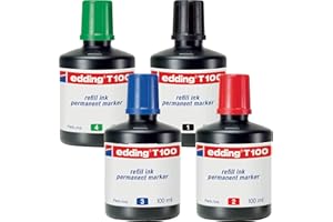 edding T100 marker permanentny, tusz do uzupełniania – wszystkie 4 kolory – zawartość: 4 x 100 ml – tusz do markerów permanentnych edding (również edding EcoLine)