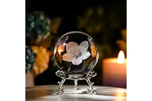 HDCRYSTALGIFTS 3D Engraving Flower Crystal Ball Paperweight with Silver-Plated Stand 60mm Glass Decorative Ball Sphere for Home Decor (Cherry Blossoms)