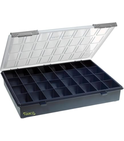 Caja De Almacenaje RAACO Service Case 5-18 – 18 Compartimentos Fijos | Polipropileno Azul Y Transparente | Piezas Pequeñas