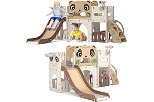 LEFLUFFY 9-in-1 Toddler Slide with Climbing Ladder,Tunnel and Basketball Hoop, Indoor Outdoor Garden Slide Set for Kids, Children's Playground Toy, Montessori Play Equipment for Age 1-6 (White and brown panda)