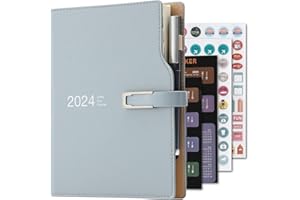 HOLDERZWU Agenda académica 2024 A5 día por página, organizador de horarios con calcomanías de calendario, agenda con soporte para bolígrafo y bolígrafo, papel grueso de de 14 x 8.4 pulgadas (azul)