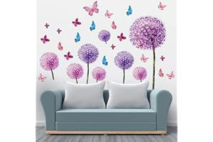 OFFFAY Dandelion Wall Stickers, Flower Wall Stickers, Purple Dandelion Wall Decals, Wall Art Stickers, Flower Window Stickers for Bedroom, Living Room, Kids Girls Room Decoration