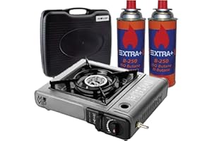 VALDI LED Cocina Portátil Modelo Dual Más Maletín Más 2 Cartuchos - Hornillo Camping Portátil, Cocina De Gas Butano Portátil Para Camping, Con Encendido Electrónico Y Maletín De Transporte.