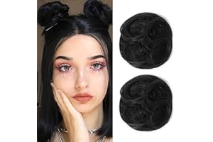REECHO 2 PCS Mini Claw Clip in Messy & Cat Ears Hair Bun Extensions Wig Accessory Updo Hairpieces for Women Girls (Pack of 2-3.5" Wavy, Natural Black)