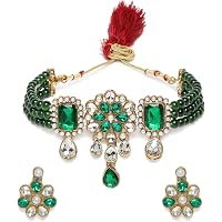 Zaveri Pearls Multistrand Green Beads & Stones Traditional Choker Necklace & Earring Set For Women-ZPFK9966