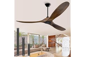 OUENGK Ventilatore da soffitto senza luci, ventilatore da soffitto esterno per patio, ventilatori da soffitto in legno da 132 cm con telecomando, 3 pale nominale umido, grande flusso d'aria per interni ed