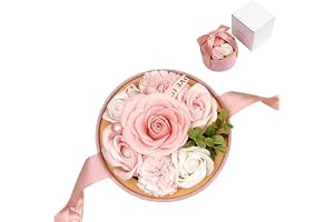 AUFIKR Presentask med tvålblommor, rund roslåda med konserverade blommor, konstgjorda födelsedagsblommor, bukett, långvarig tvålblomsterarrangemang för alla hjärtans dag, mors dag (med kort)