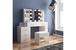 SHDFFHZ Dressing Table with Light Bulbs & Sliding Mirror, White Vanity Makeup Table Set with 5 Drawers 6 Shelves, Modern Makeup Cosmetic Dresser Table Stool for Girls Women, Bedroom Furniture