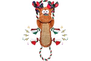 CHAWONER Quietschendes Hundespielzeug Weihnachten,Plüschspielzeug mit Seil, Robustes Zerrspielzeug für Welpen, Kleine, Mittelgroße und Große Hunde, Rentier-Design, Interaktives Hunde