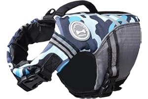 VIVAGLORY Gilet de Sauvetage Style Sportif pour Chien avec Flottabilité Supplémentaire, Gilet de Natation Ajustable et Durable pour Chiens de Petite Taille, Camouflage Bleu