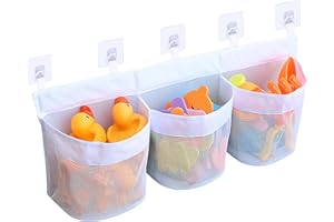 YHSKJCD Bath Toy Storage Net, 3 Compartment Hanging Plaything Storage Bag, Bath Gametoy Tidy for Accessing & Sorting, with 5 Strong Suction Hooks
