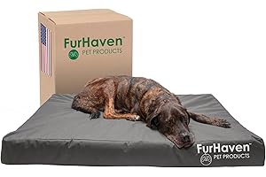 FurHaven XXL legowisko dla psa z pianki z pamięcią kształtu wodoodporne do użytku wewnątrz i na zewnątrz logo nadruk Oxford Polycanvas materac ze zdejmowanym pokrowcem nadającym się do prania - szary