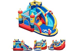 GOPLUS Aufblasbare Hüpfburg mit Rutsche, Pool, Trampolin, Kletterbereich, Wasserpistolen, Tragetasche, Kinder Hüpfburg mit Schutznetz, Geeignet für Kinder im Alter von 3-12 (Bunt, ohne Gebläse)