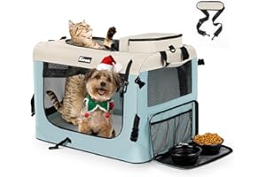 Reerooh Hundebox M 60x42x42cm, Faltbar Hundetransportbox Inkl.Hundenapf, Tragbare Hundetasche für Reisen, Hunde und Katzen Auto Haustiertransportbox(M, Blau)