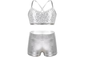 Alvivi Conjunto Brillante de Baile Moderno para Niñas Crop Top y Leggings Cortos Maillot de Gimnasia Rítmica Traje de Deportivo Yoga 6-14 Años