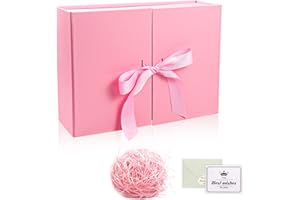 GRANTOP Pudełko prezentowe z kokardką, pokrywką, wstążką i rozdrobnionym papierem – magnetyczne pudełko na wesele, urodziny, Boże Narodzenie, jubileusz (różowe, 26,5 x 19 x 8)