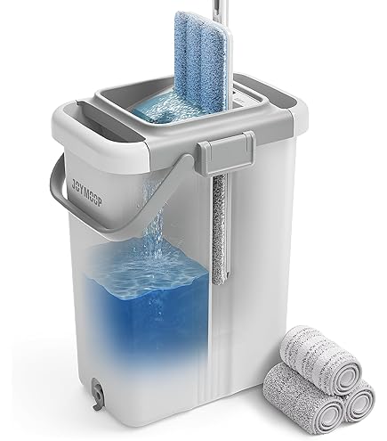 JOYMOOP Dweil Mop Set met Emmer en Wringer, Platte Vloer Moppen voor Vloerreiniging, Wand Mop Cleaner met Lange Steel, Houten Vloer Mop met 4 Microvezelpads