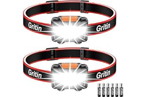 Gritin LED Pannlampa, [2 Pack] Superljus COB Strålkastare med 3 Lägen | Vattentät Pannlampor, Batteridriven LED Lättvikt för Camping, Utomhusbruk, Nödsituationer, Löpning [6 AAA Batterier Ingår]
