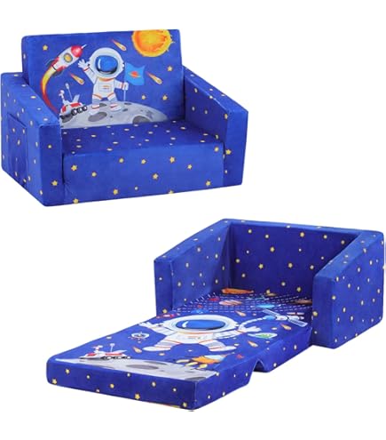 Divano Letto Pieghevole Per Bambini 2-in-1 - Con Schienale Regolabile, Tasca Laterale E Motivo Razzo Luminoso - Foto 7