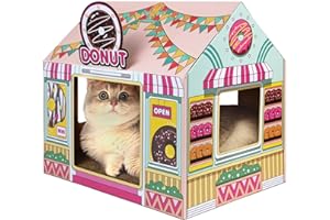 SEKAM Cardboard Cat House with Scratcher/Catnip,(16.5''x12''x15'') Kitty Donut Shop for Indoor/Outdoor Cats,Cat Play House&Home Decor,Cat Scratch Toy for Cat Birthday,Hideout for Bunny Small Animals