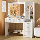 TRIUMPHKEY Wide Makeup Vanity with Mirror and Dimmable LED Lights | Table with Integrated Sockets, 5 Large Drawers, Jewelry H