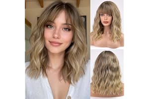HAIRCUBE Short Charming wavehead con peluca de mujer flequillo naturalmente resistente al calor fiesta de fibra sintética/juego de roles/ropa/peluca diaria (Shadow rubio claro)