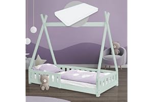 ‎ML DESIGN MODERN LIVING ML-Design Kinderbett Tipi 80x160 cm Mint mit Matratze, Rausfallschutz und Lattenrost, aus Kiefernholz, Indianer Bett für Mädchen & Jungen, Hausbett mit Zaun, Bodenbett Jugendbett Spielbett Holzbett