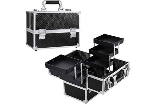 Mallette à Maquillage Valise Maquillage Coffret Rangement avec Doubles Serrures Maquillage Aluminium Boîte de Cosmétique Organiseur Professionnel Beauté Cas Vanité Grande (Noir)