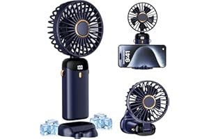 YAEFDD Ventilateur portable à main, ventilateur mini à piles avec base, 8 heures, affichage numérique, 5 vitesses, ventilateur ajustable à 90° pour l'extérieur et l'intérieur.Bleu