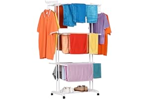 NK Tendedero Vertical Plegable con 4 Niveles - 6 Bandejas Retráctiles + 2 Alas Laterales con Soporte Perchas + Zapatero, Ruedas 360° (19m Ropa) (Blanco)