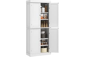 HOMCOM Mobile Cucina Alto con 6 Ripiani e 2 Ante, Armadio Dispensa con Ripiani Regolabili in Legno, 76x40.5x184 cm, Bianco