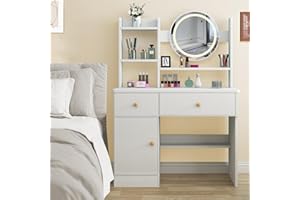 SAALU Schminktisch mit LED-Beleuchtung Spiegel,3 Farben mit Einstellbarer Helligkeit, Frisiertisch mit 2 Schubladen und Großer Spind, Modern Kosmetiktisch aus Holz, Weiß